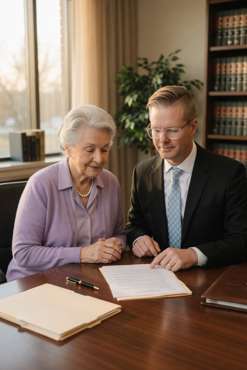 William J. Gould reviewing claim documents with a client at his office